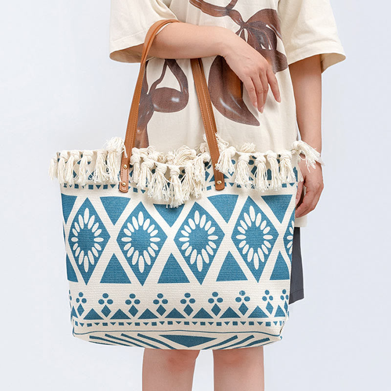 Sac fourre-tout en toile à imprimé géométrique bohème de grande capacité avec Buddha Stones