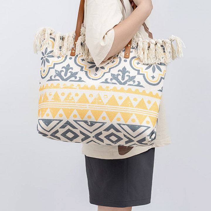 Sac fourre-tout en toile à imprimé géométrique bohème de grande capacité avec Buddha Stones