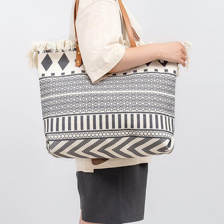 Sac fourre-tout en toile à imprimé géométrique bohème de grande capacité avec Buddha Stones