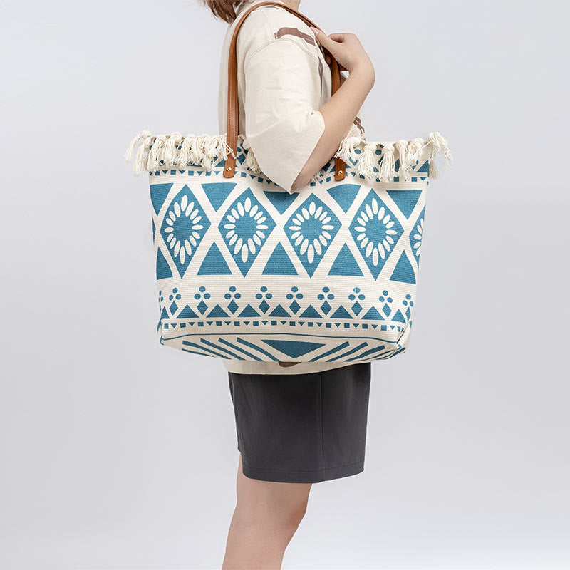Sac fourre-tout en toile à imprimé géométrique bohème de grande capacité avec Buddha Stones