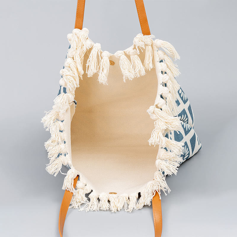 Sac fourre-tout en toile à imprimé géométrique bohème de grande capacité avec Buddha Stones
