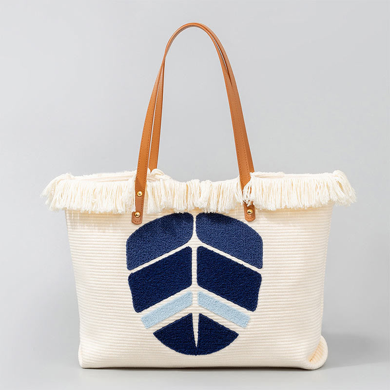 Sac fourre-tout en toile à pompon avec motif de feuilles de Buddha Stones et de mauvais œil de grande capacité