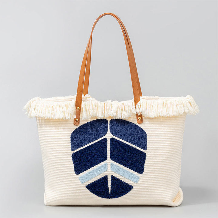 Sac fourre-tout en toile à pompon avec motif de feuilles de Buddha Stones et de mauvais œil de grande capacité