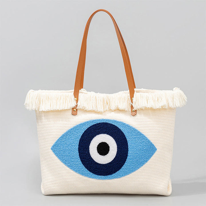 Sac fourre-tout en toile à pompon avec motif de feuilles de Buddha Stones et de mauvais œil de grande capacité