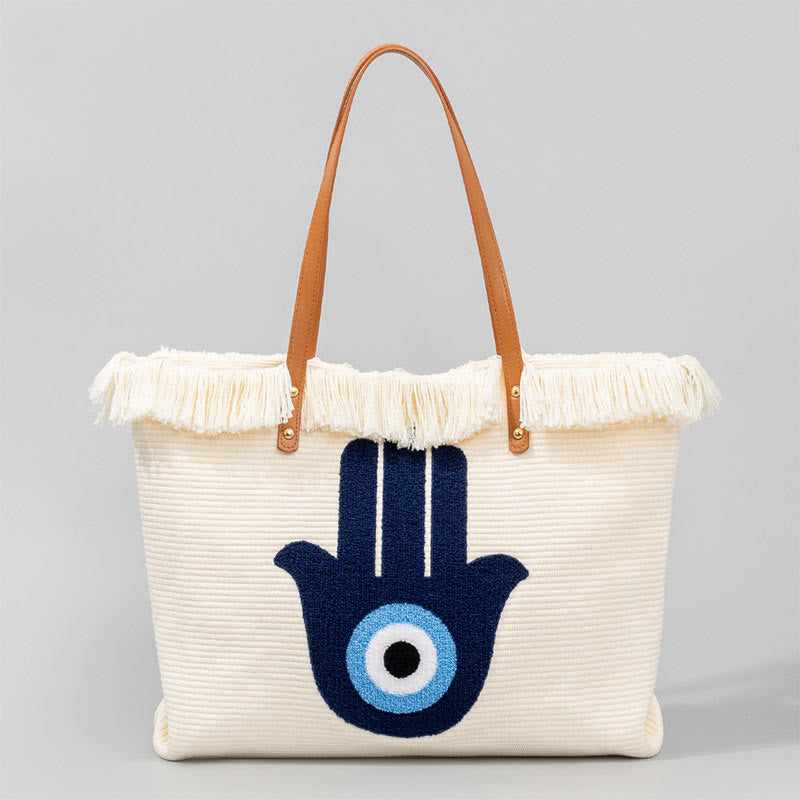 Sac fourre-tout en toile à pompon avec motif de feuilles de Buddha Stones et de mauvais œil de grande capacité
