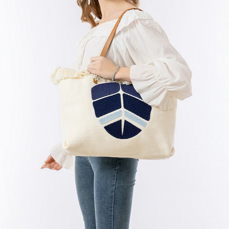 Sac fourre-tout en toile à pompon avec motif de feuilles de Buddha Stones et de mauvais œil de grande capacité