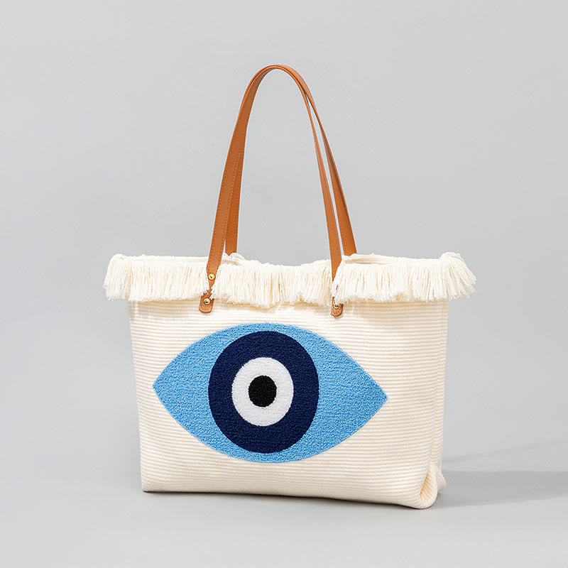 Sac fourre-tout en toile à pompon avec motif de feuilles de Buddha Stones et de mauvais œil de grande capacité