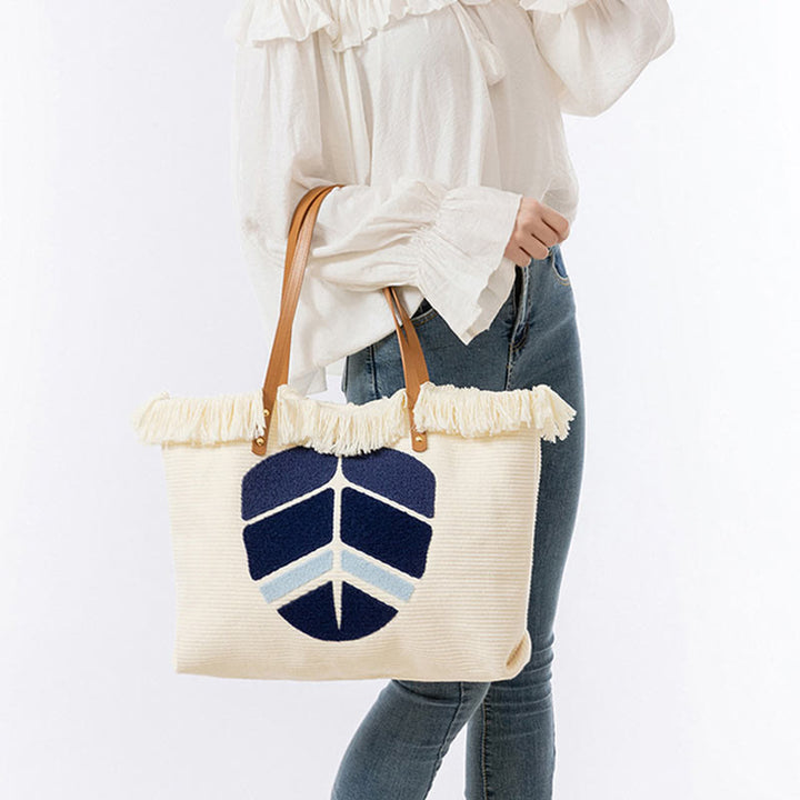 Sac fourre-tout en toile à pompon avec motif de feuilles de Buddha Stones et de mauvais œil de grande capacité