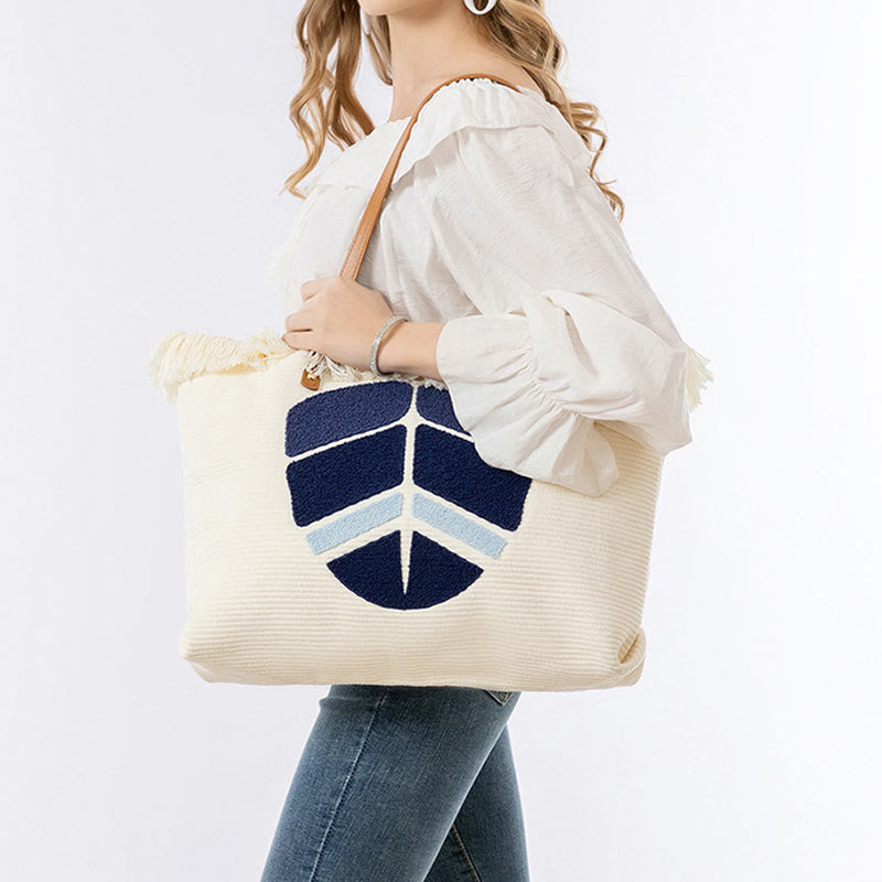 Sac fourre-tout en toile à pompon avec motif de feuilles de Buddha Stones et de mauvais œil de grande capacité