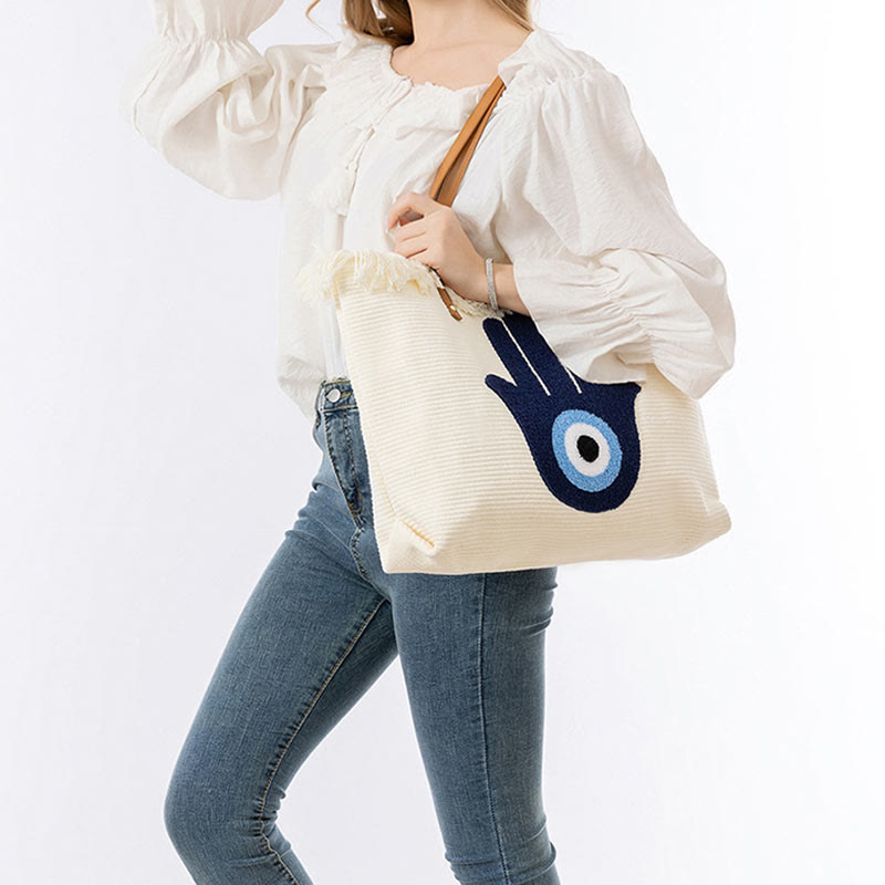 Sac fourre-tout en toile à pompon avec motif de feuilles de Buddha Stones et de mauvais œil de grande capacité
