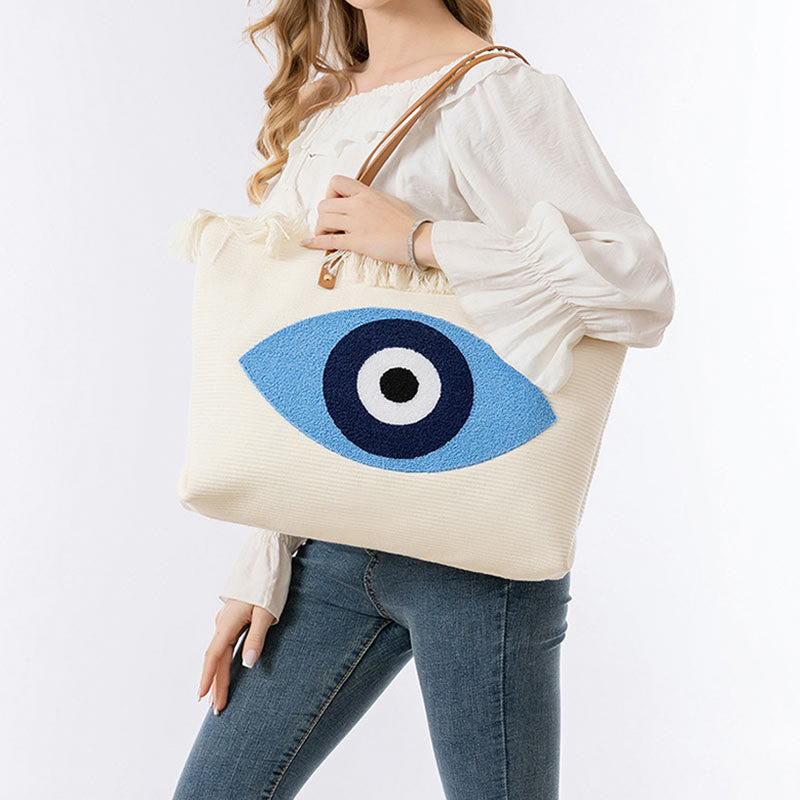 Sac fourre-tout en toile à pompon avec motif de feuilles de Buddha Stones et de mauvais œil de grande capacité