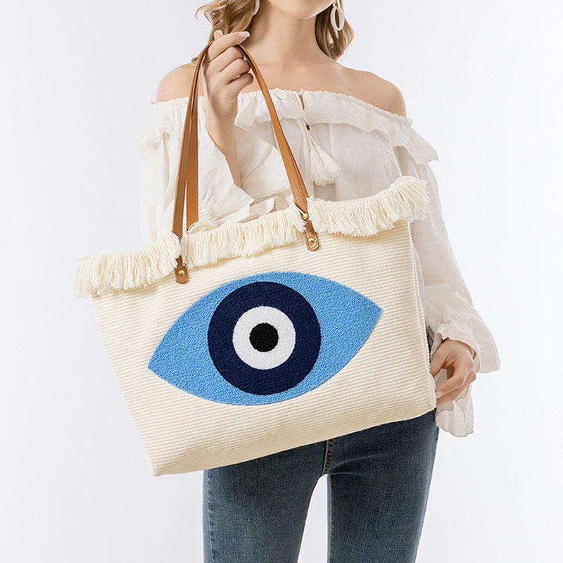 Sac fourre-tout en toile à pompon avec motif de feuilles de Buddha Stones et de mauvais œil de grande capacité