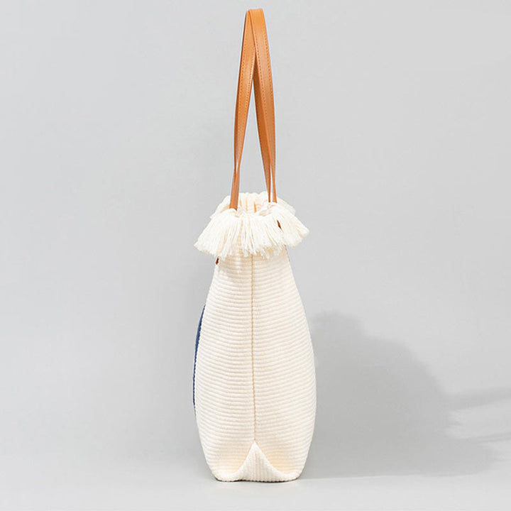 Sac fourre-tout en toile à pompon avec motif de feuilles de Buddha Stones et de mauvais œil de grande capacité