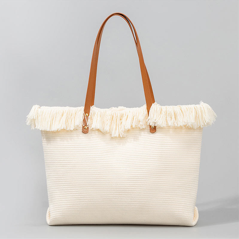 Sac fourre-tout en toile à pompon avec motif de feuilles de Buddha Stones et de mauvais œil de grande capacité