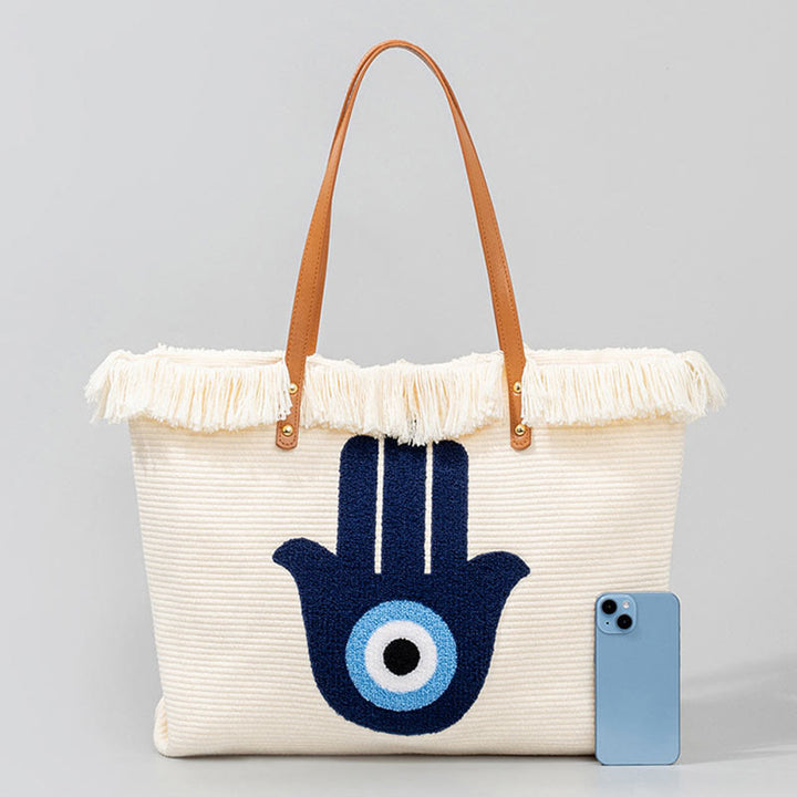 Sac fourre-tout en toile à pompon avec motif de feuilles de Buddha Stones et de mauvais œil de grande capacité
