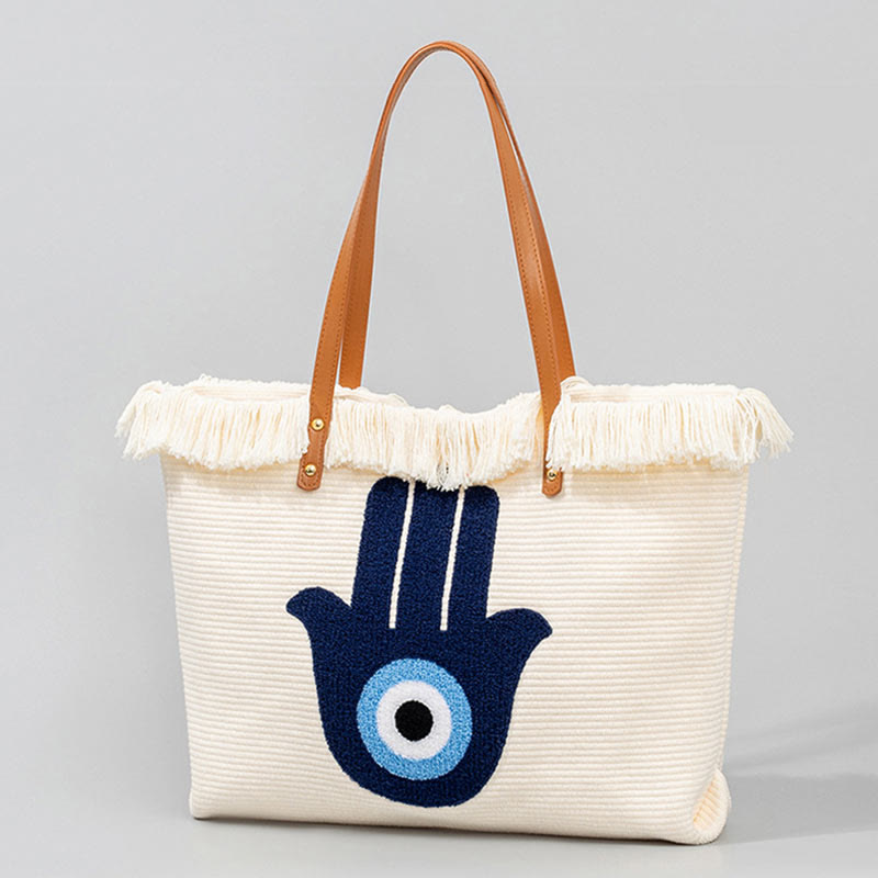 Sac fourre-tout en toile à pompon avec motif de feuilles de Buddha Stones et de mauvais œil de grande capacité