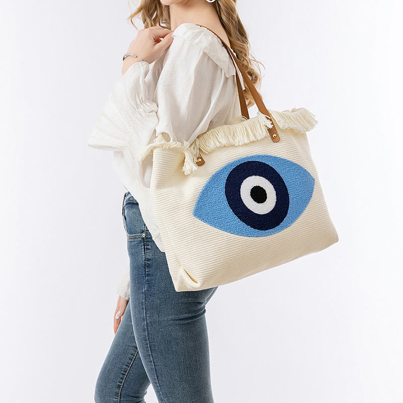 Sac fourre-tout en toile à pompon avec motif de feuilles de Buddha Stones et de mauvais œil de grande capacité