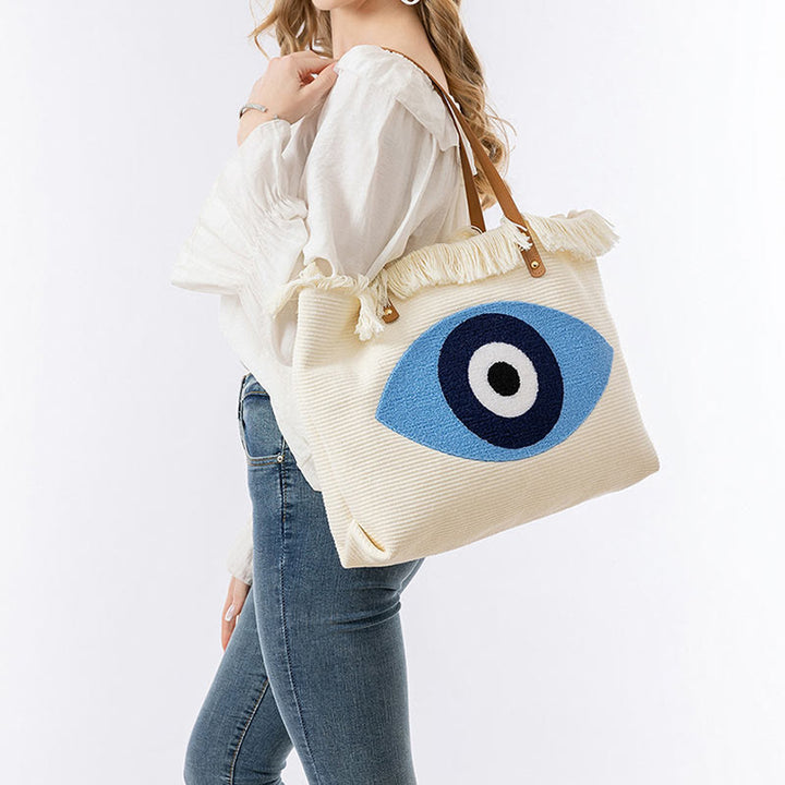 Sac fourre-tout en toile à pompon avec motif de feuilles de Buddha Stones et de mauvais œil de grande capacité