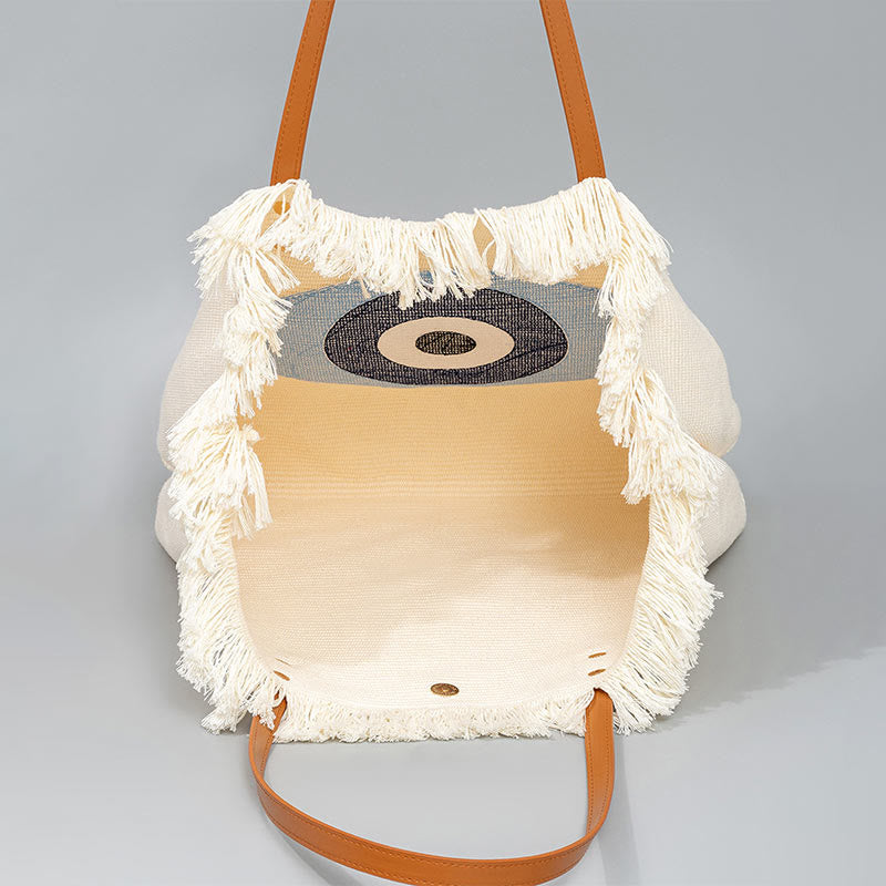 Sac fourre-tout en toile à pompon avec motif de feuilles de Buddha Stones et de mauvais œil de grande capacité