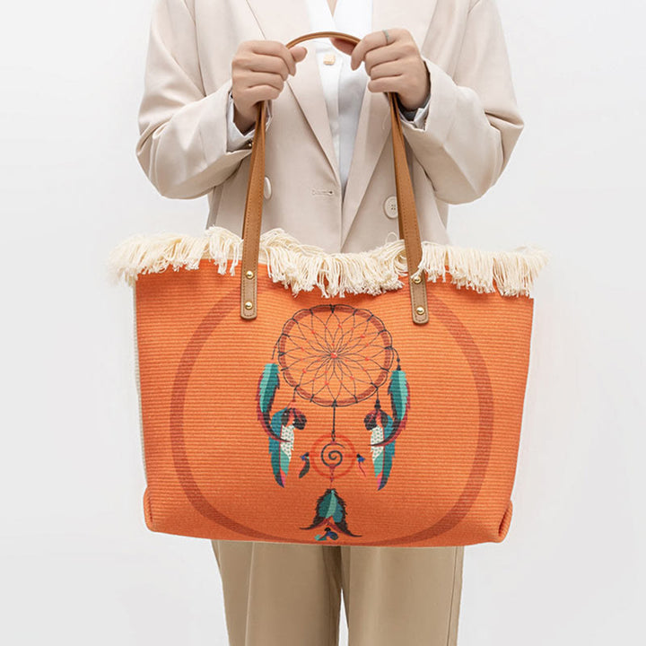 Sac fourre-tout en toile à pompon avec Buddha Stones et attrape-rêves de grande capacité