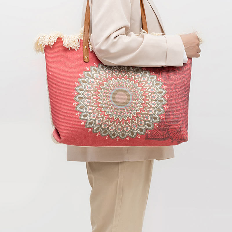Sac fourre-tout en toile à pompon avec Buddha Stones et attrape-rêves de grande capacité