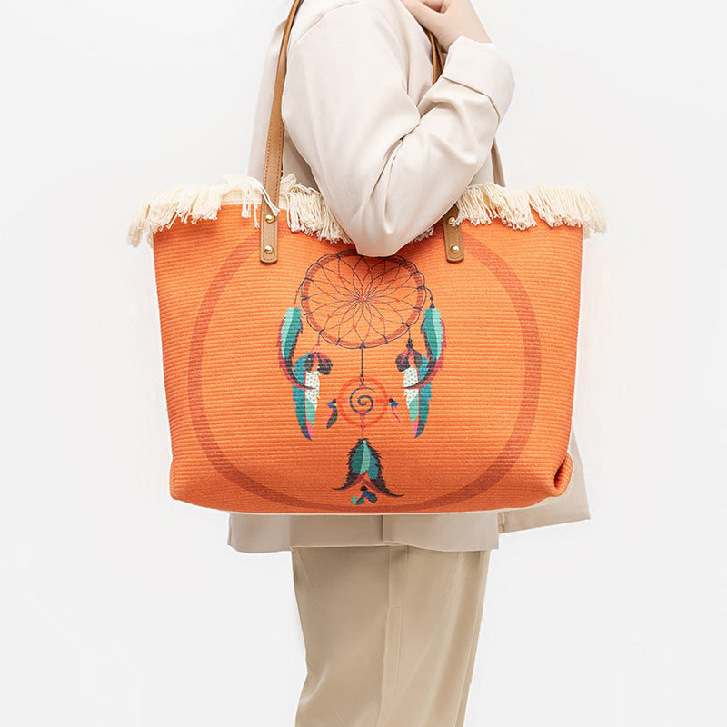 Sac fourre-tout en toile à pompon avec Buddha Stones et attrape-rêves de grande capacité