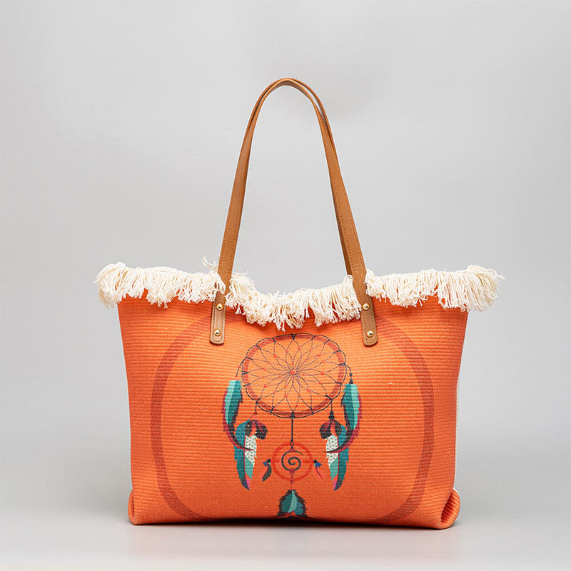 Sac fourre-tout en toile à pompon avec Buddha Stones et attrape-rêves de grande capacité