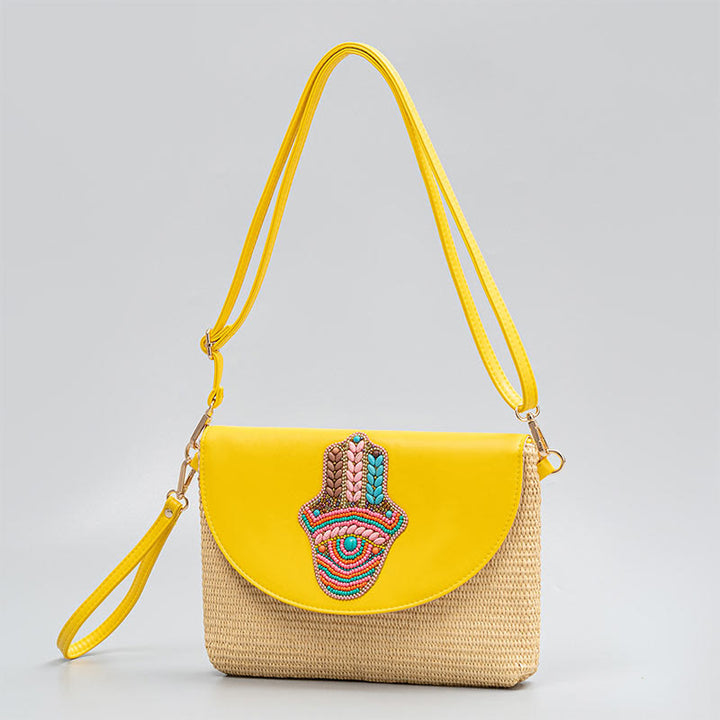 Sac à bandoulière en paille tissée avec Buddha Stones Hamsa Elephant Flower