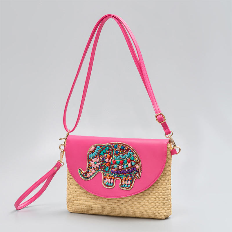 Sac à bandoulière en paille tissée avec Buddha Stones Hamsa Elephant Flower