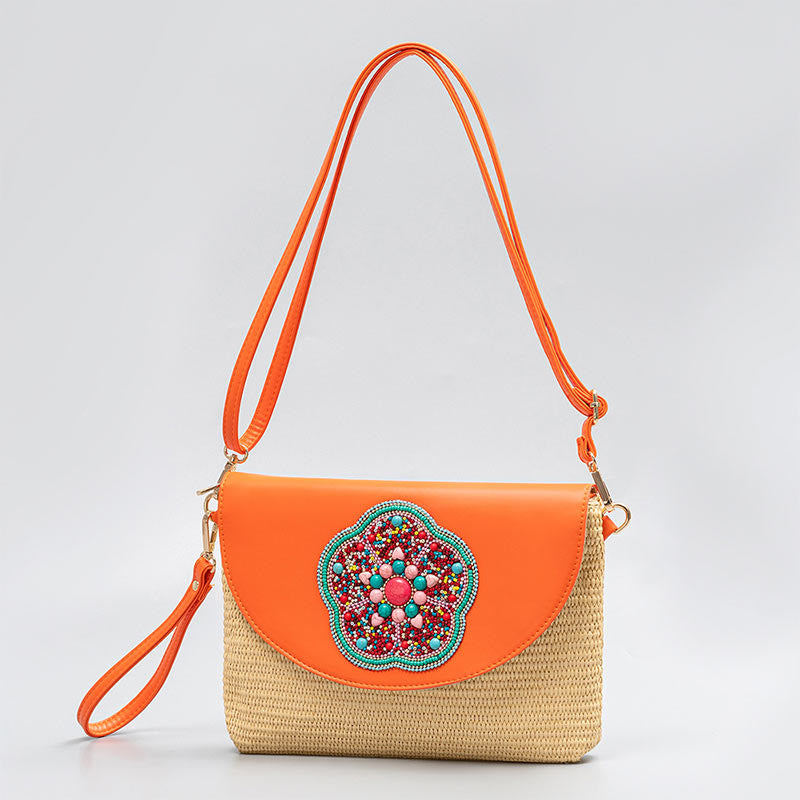 Sac à bandoulière en paille tissée avec Buddha Stones Hamsa Elephant Flower
