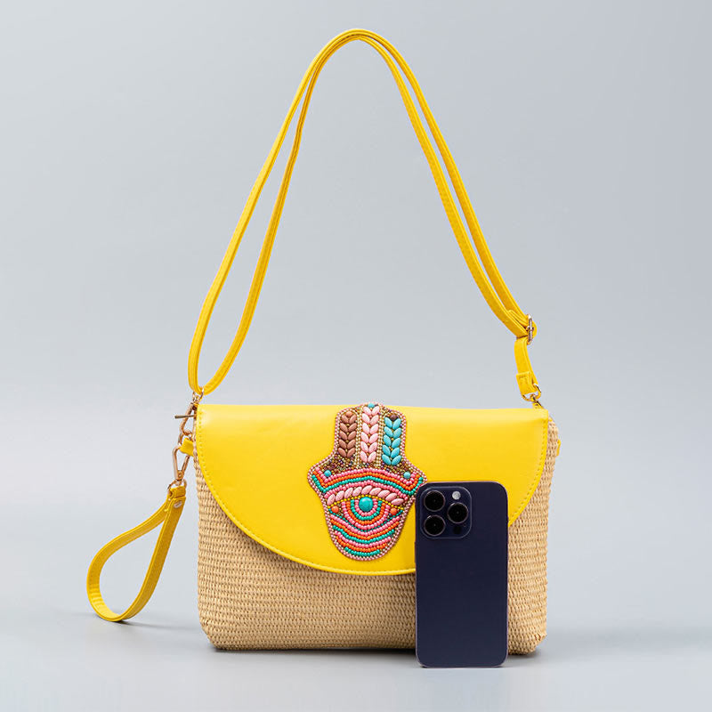 Sac à bandoulière en paille tissée avec Buddha Stones Hamsa Elephant Flower