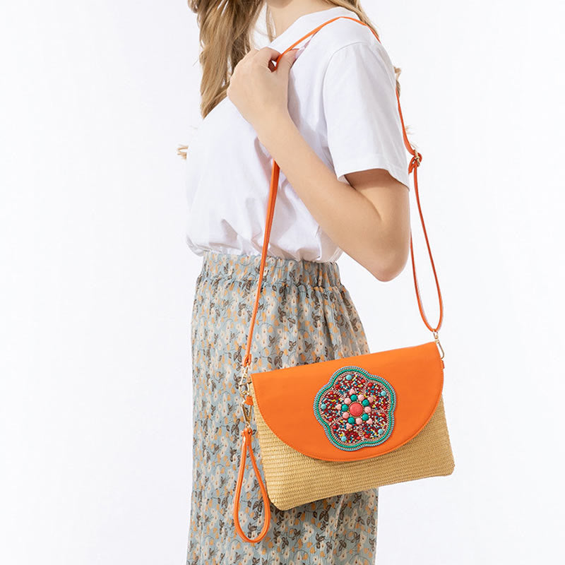 Sac à bandoulière en paille tissée avec Buddha Stones Hamsa Elephant Flower