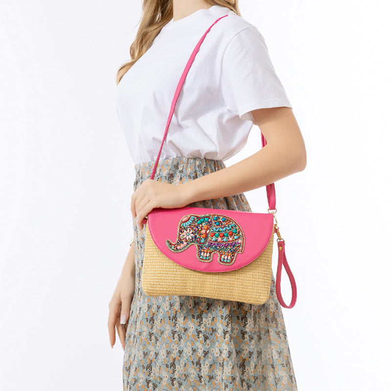 Sac à bandoulière en paille tissée avec Buddha Stones Hamsa Elephant Flower