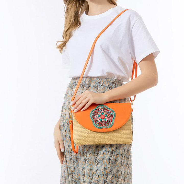 Sac à bandoulière en paille tissée avec Buddha Stones Hamsa Elephant Flower