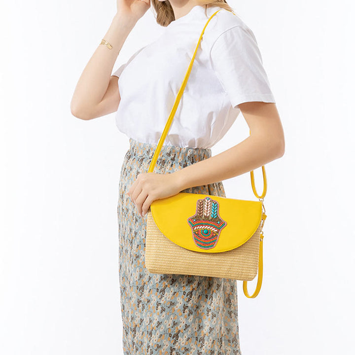 Sac à bandoulière en paille tissée avec Buddha Stones Hamsa Elephant Flower