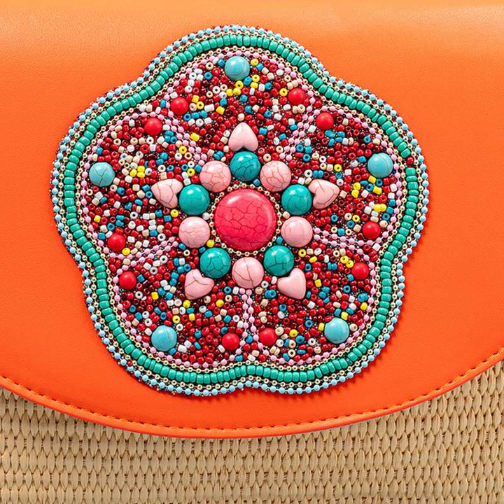 Sac à bandoulière en paille tissée avec Buddha Stones Hamsa Elephant Flower