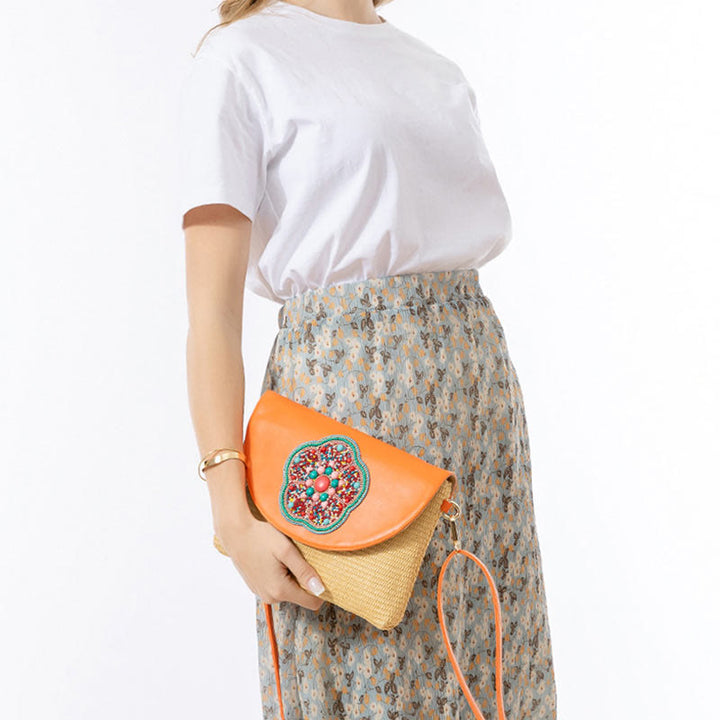 Sac à bandoulière en paille tissée avec Buddha Stones Hamsa Elephant Flower