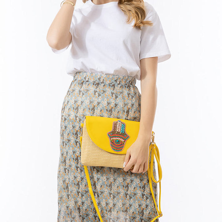 Sac à bandoulière en paille tissée avec Buddha Stones Hamsa Elephant Flower