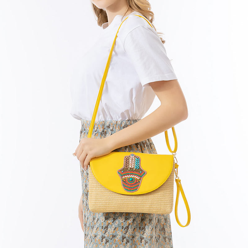 Sac à bandoulière en paille tissée avec Buddha Stones Hamsa Elephant Flower