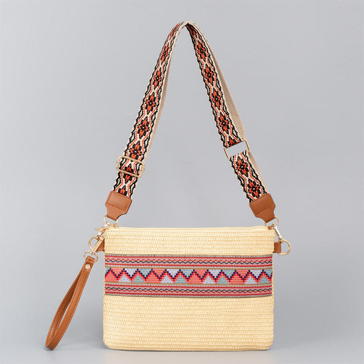 Sac à bandoulière en paille tissée à géométrie colorée avec Buddha Stones Boho