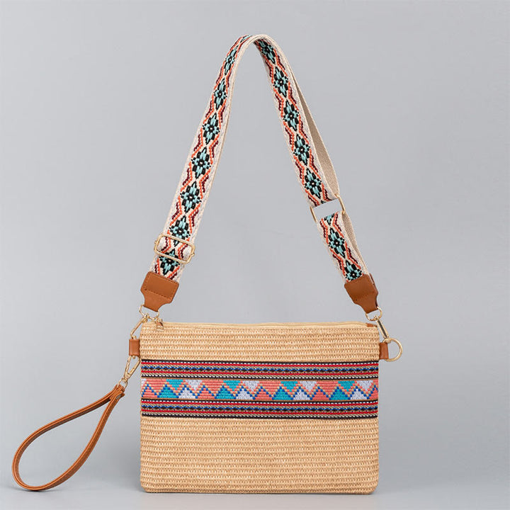Sac à bandoulière en paille tissée à géométrie colorée avec Buddha Stones Boho