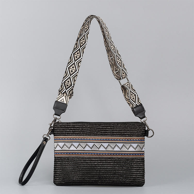 Sac à bandoulière en paille tissée à géométrie colorée avec Buddha Stones Boho