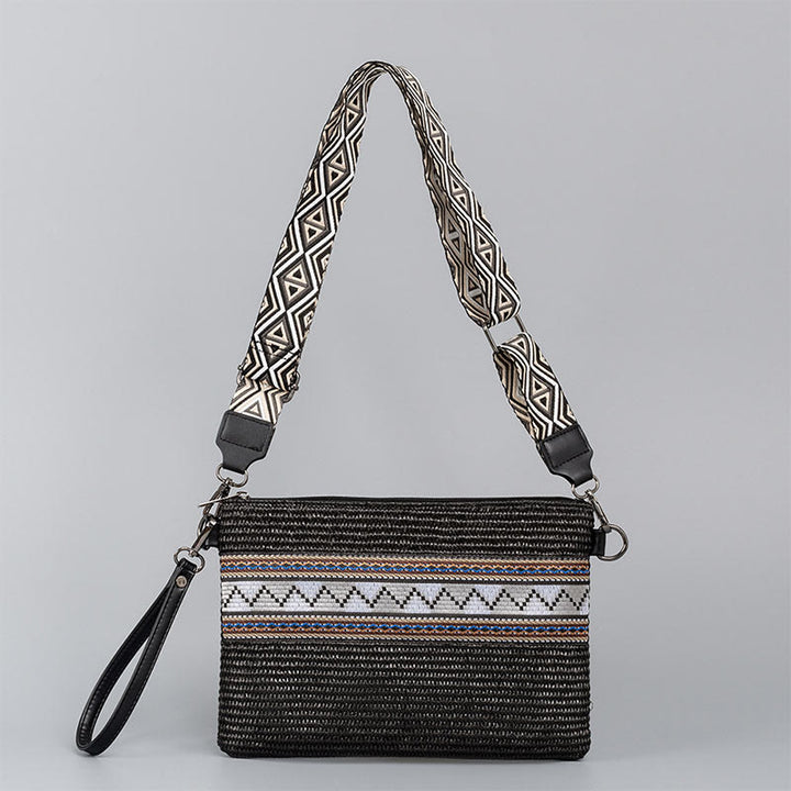 Sac à bandoulière en paille tissée à géométrie colorée avec Buddha Stones Boho