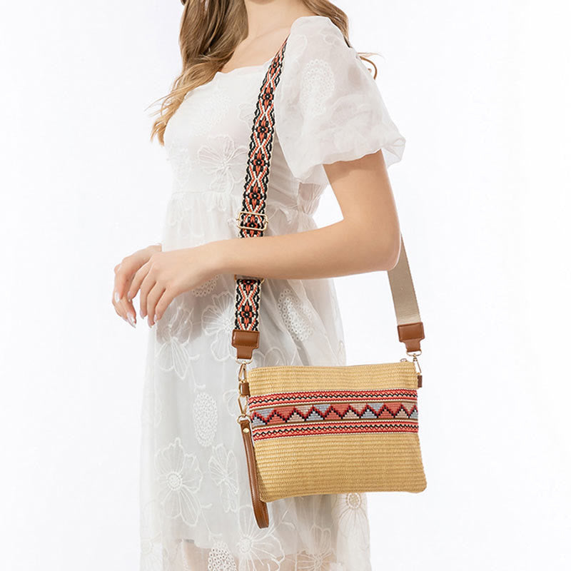Sac à bandoulière en paille tissée à géométrie colorée avec Buddha Stones Boho