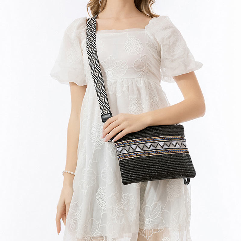 Sac à bandoulière en paille tissée à géométrie colorée avec Buddha Stones Boho