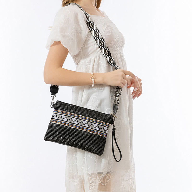 Sac à bandoulière en paille tissée à géométrie colorée avec Buddha Stones Boho