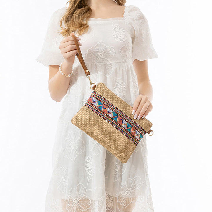 Sac à bandoulière en paille tissée à géométrie colorée avec Buddha Stones Boho