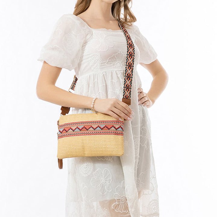 Sac à bandoulière en paille tissée à géométrie colorée avec Buddha Stones Boho