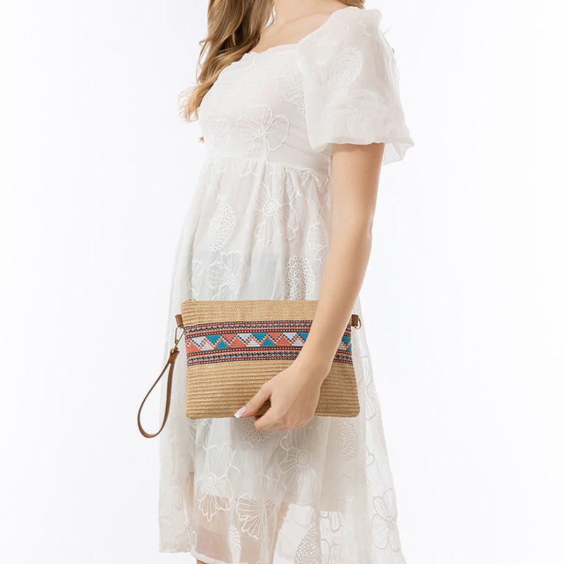 Sac à bandoulière en paille tissée à géométrie colorée avec Buddha Stones Boho