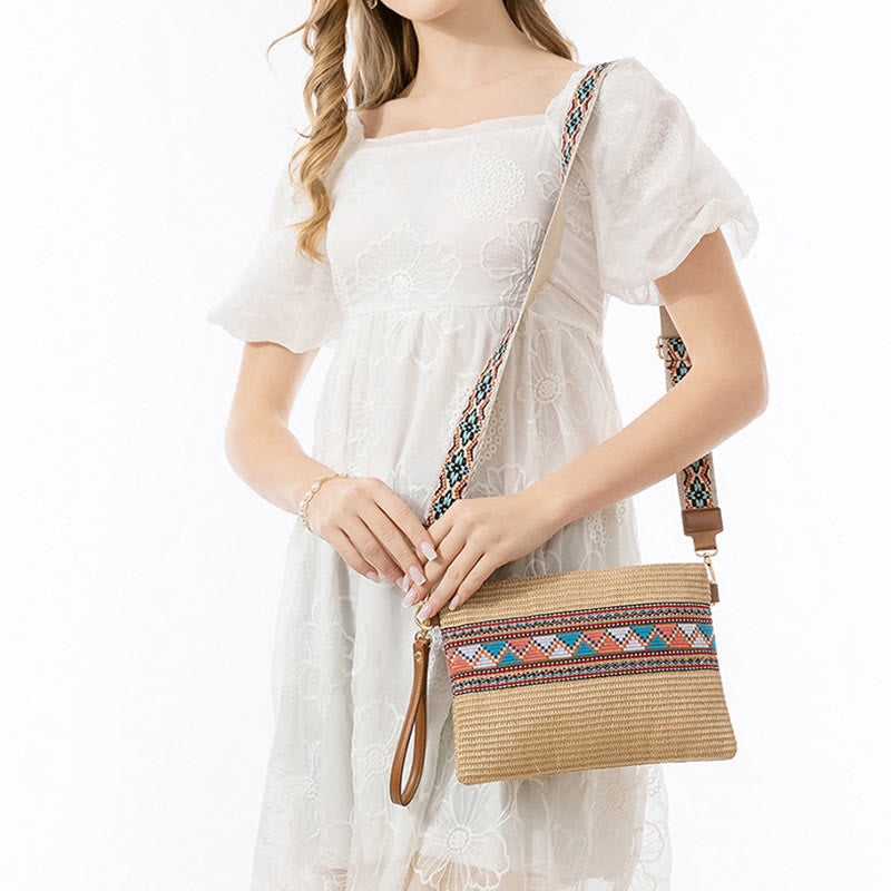 Sac à bandoulière en paille tissée à géométrie colorée avec Buddha Stones Boho